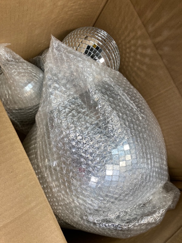 Photo 1 of 8 Pcs Large Disco Ball Set Silver Mirror Disco Balls Reflective Ball with Hanging Ring Party Hanging Ornament Decoration for Stage Club Ballroom Dance Hall Wedding Prom Props (12'', 3'')