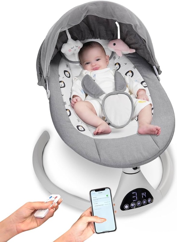 Photo 1 of Baby Swing for Infants to Toddler Portable Babies Swing Timing Function 5 Swing Speeds Bluetooth Touch Screen Music Speaker with 10 Preset Lullabies 5-Point Carabiner Gray