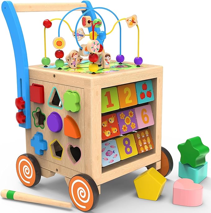 Photo 1 of ***BROKEN ACCESSORIES, SEE NOTES*** Wooden Baby Walker | 9-in-1 Wooden Activity Cube, Sit-to-Stand Learning Walker Activity Center, Early Educational Push & Pull Toys for Baby Toddler Boys Girls, Height & Brake Adjustable Deluxe