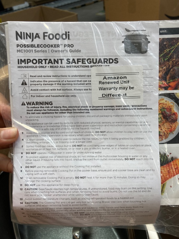 Photo 4 of *** FOR PARTS, DOES NOT WORK, DENTED*** Ninja MC1001 Foodi PossibleCooker PRO 8.5 Quart Multi-Cooker, with 8-in-1 Slow Cooker, Pressure Cooker, Dutch Oven & More, Glass Lid & Integrated Spoon, Nonstick, Oven Safe Pot to 500°F, Sea Salt Grey