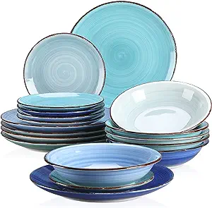 Photo 2 of vancasso Stoneware Dinnerware Set Bonita Blue 18-Piece Service for 6, Handpainted Spirals Pattern Ceramic Combination Set with 10.6in Dinner Plate, 8.2in Dessert Plate and 21oz Soup Bowl Serive for 6 (18 pcs) Bonita Blue