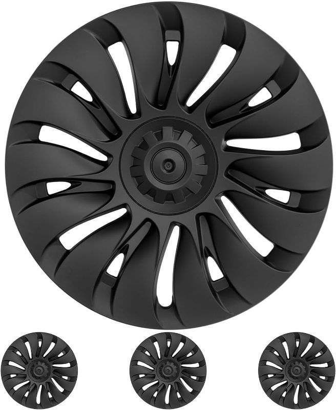 Photo 1 of Klutchtech Tesla Model Y Hubcaps - 19 Inch Gemini Wheel Covers Tesla 19'' Hurricane Wheel Hub Caps - Left-Right Aero Symmetry Design Kit Fit Tesla Model Y Accessories 2021-2023 (Matte Black - 4 Pack) 19inch Model Y 19'' Symmetry-Hurricane