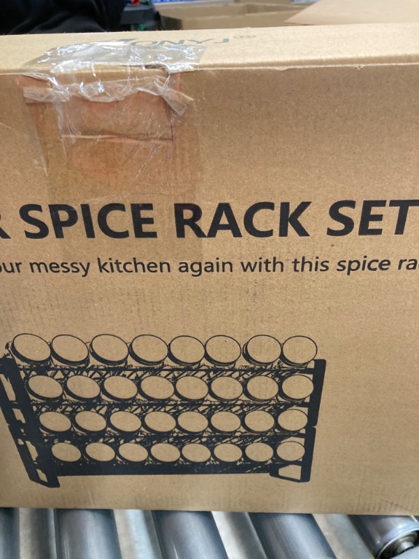 Photo 1 of JONYJ Spice Rack Organizer with 32 Empty Square Spice Jars, 396 Spice Labels, Chalk Marker and Funnel Complete Set for Cabinet, Countertop or Wall Mount - 4 Tier Dark Black
