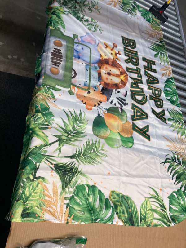 Photo 2 of 72x43inch Fabric Wild Animals Birthday Backdrop Jungle Safari Tropical Leaves Photography Background Kids Zoo Party Decorations Photo Booth Props