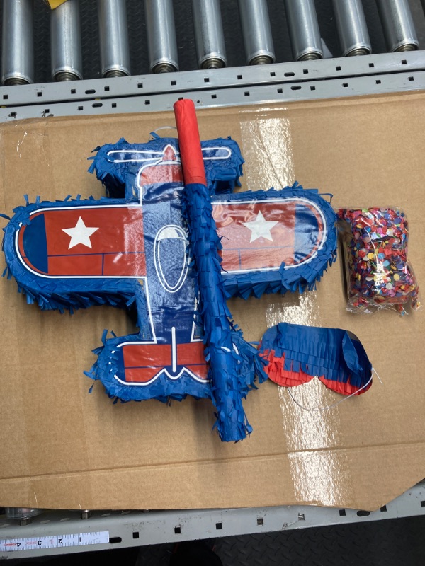 Photo 2 of Jenaai Airplane Pinata 16 x 12 X 3 Inch Plane Pinata Bundle with Stick Blindfold and Confetti Airplane Themed Party Pinata Patriotic Airplane Pinata for Boys Girls Patriotic Birthday Party Game Favors