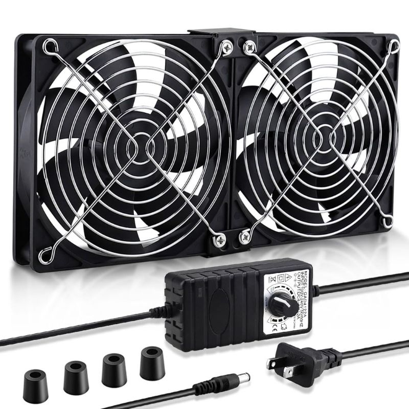 Photo 1 of Wathai Big Airflow 2 x 120mm 240mm Computer Fan with AC Plug Cabinet Fan 110V 240V AC Power Supply, Speed Controller 3V to 12V, for Mining Machine Chassis Server Workstation Cooling