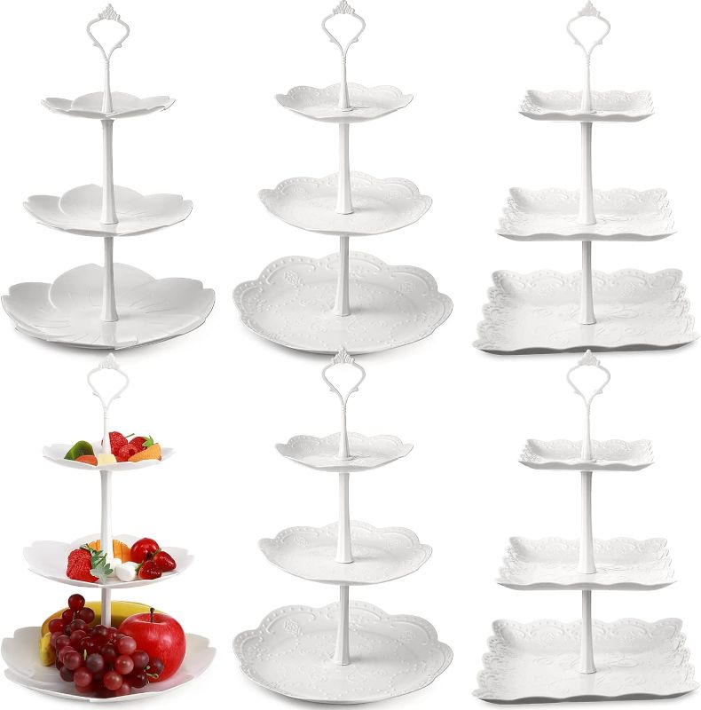 Photo 1 of 6 Pcs Plastic Cupcake Stand, 3 Tiers, Round, Square Shapes, White