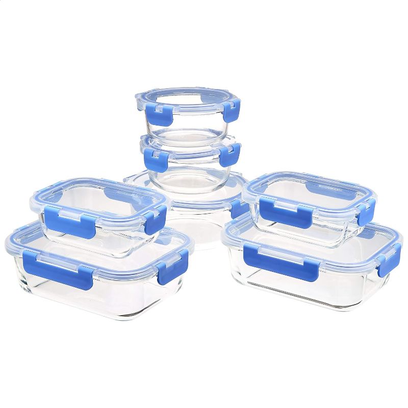 Photo 1 of Amazon Basics Glass Food Storage Container with BPA-Free Locking Lid - Set of 14 pieces, clear with blue silicone ring