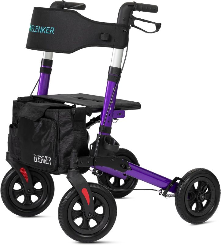 Photo 1 of ELENKER All-Terrain Rollator Walker with Seat, Outdoor Rolling Walker, 10” Non-Pneumatic Tire Wheels Compact Folding Design for Seniors, Purple