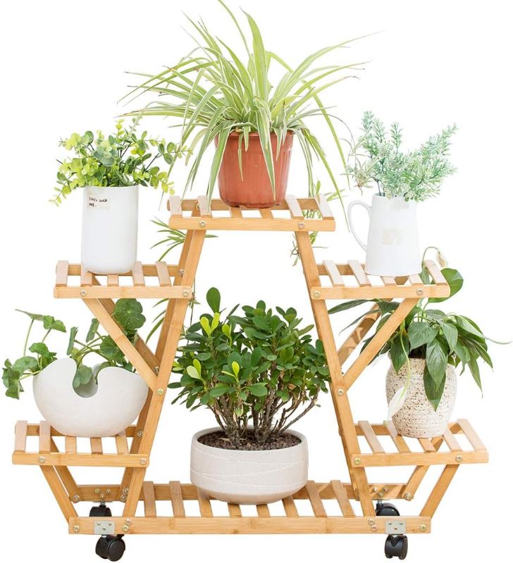 Photo 1 of Bamboo Rolling 6 Tier Plant Stand Rack Multiple Flower Pot Holder Shelf Indoor Outdoor Planter Display shelving unit for Patio Garden Corner Balcony Living Room