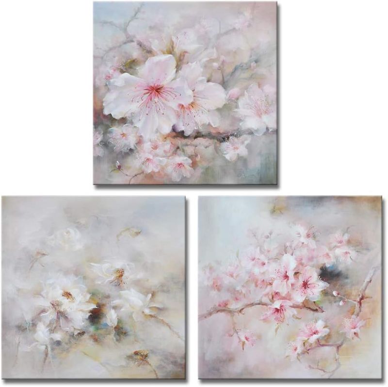 Photo 1 of 3 Pieces Cherry Blossoms in Spring Print Gallery Wrap Modern Home Decor Elegant Flowers Wall Art Abstract Floral Paintings on Canvas Wall Art for Bedroom Girls Room Ready to Hang 12"x12"x3pcs