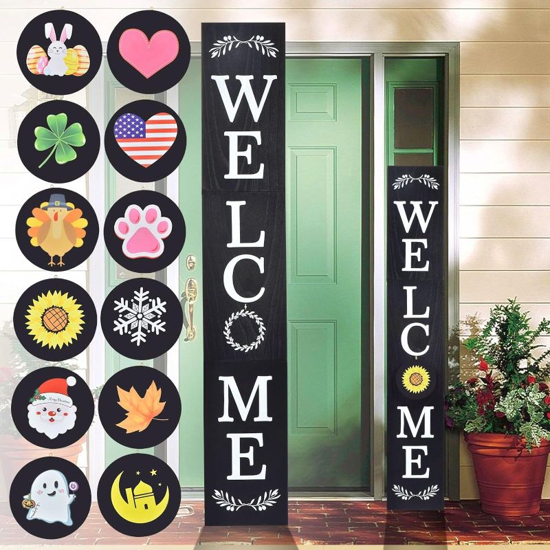 Photo 1 of Welcome Sign for Front Door, 47 X 7.9 Inch Wooden Welcome Sign for Front Porch with 12 Interchangeable Holiday Sign, Farmhouse Rustic Outdoor Porch Sign for Spring, St Patrick, Valentine's Day