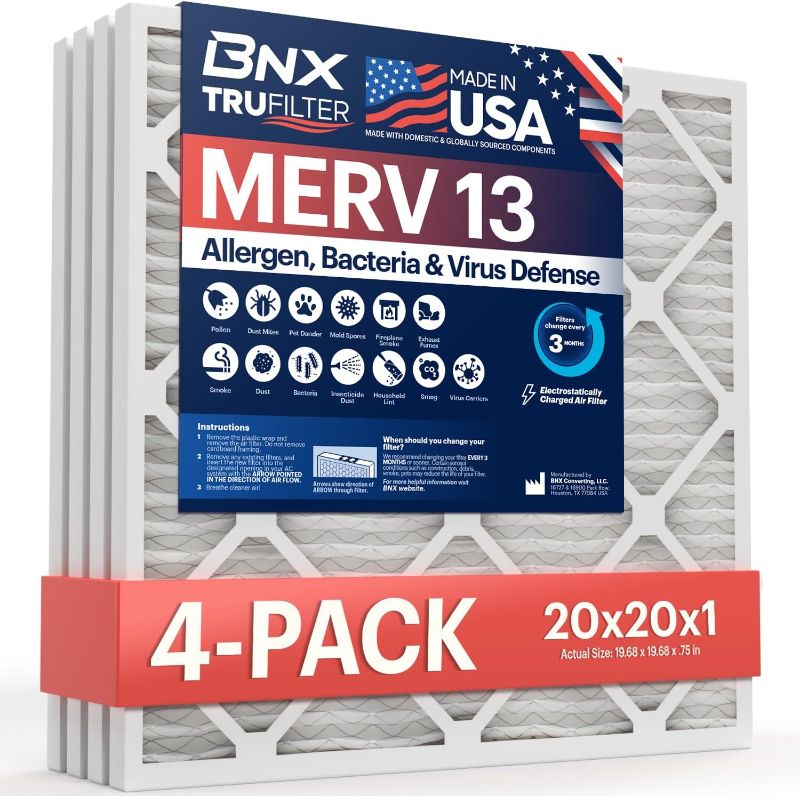 Photo 1 of BNX TruFilter 20x20x1 MERV 13 (4-Pack) AC Furnace Air Filter - MADE IN USA - Electrostatic Pleated Air Conditioner HVAC AC Furnace Filters - Removes Pollen, Mold, Bacteria, Smoke