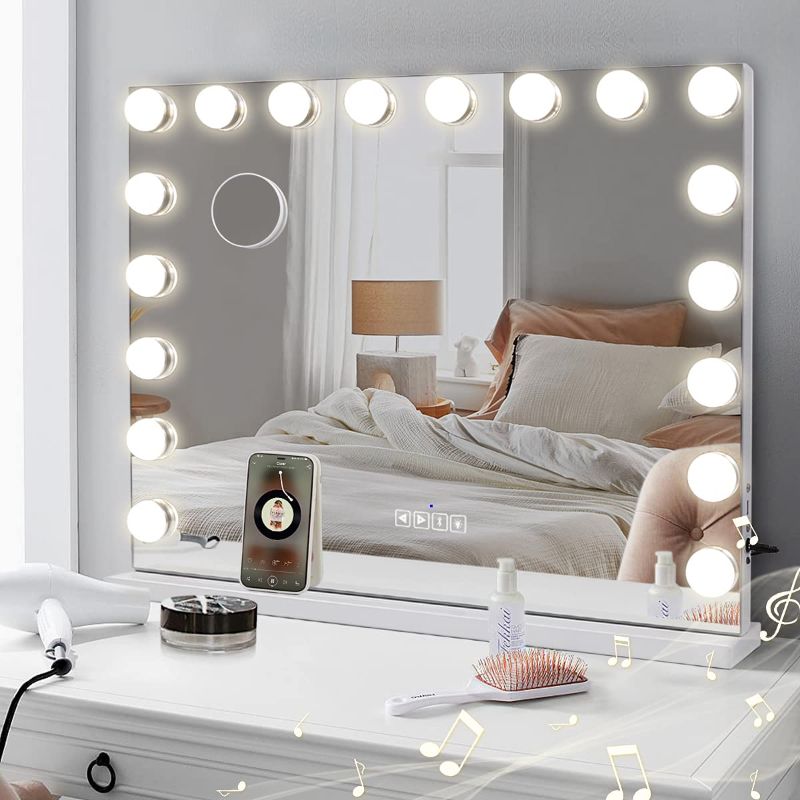 Photo 1 of COOLJEEN Vanity Mirror with Lights, Hollywood Mirror with 15 Dimmable Bulbs and USB Charging Port, 3 Color Lighted Makeup Mirror 10X Magnification Makeup Mirror with Lights, Tabletop A-white-tabletop