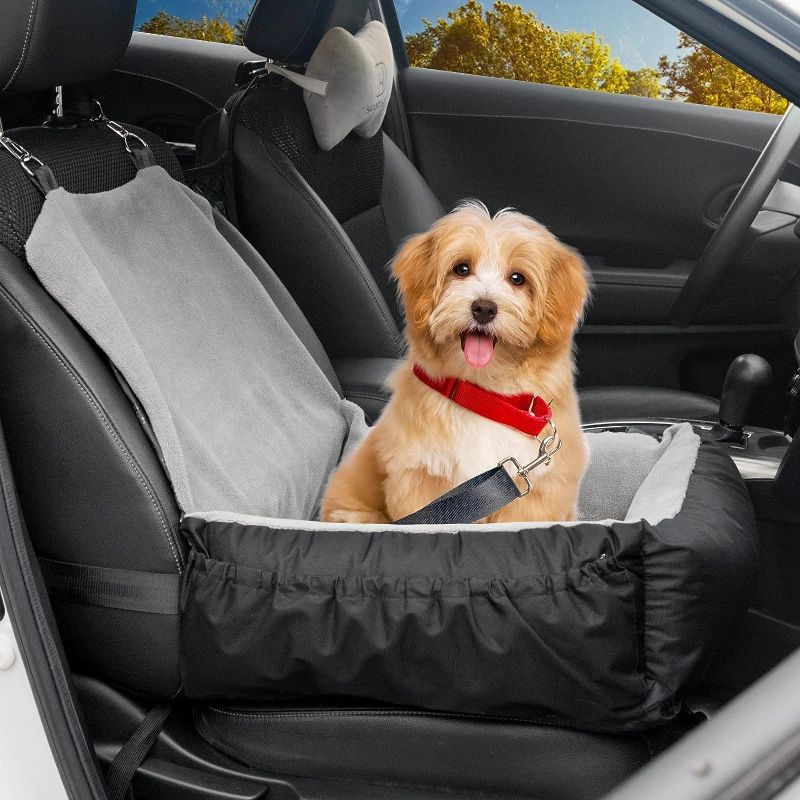 Photo 1 of Dog Car Seat, Puppy Car Seat with Storage Pockets and Clip-On Safety Leash, Washable Coral Fleece Pet Car Seat for Small Medium Dogs, Cat Car Seat for Travel Dog Car Bed