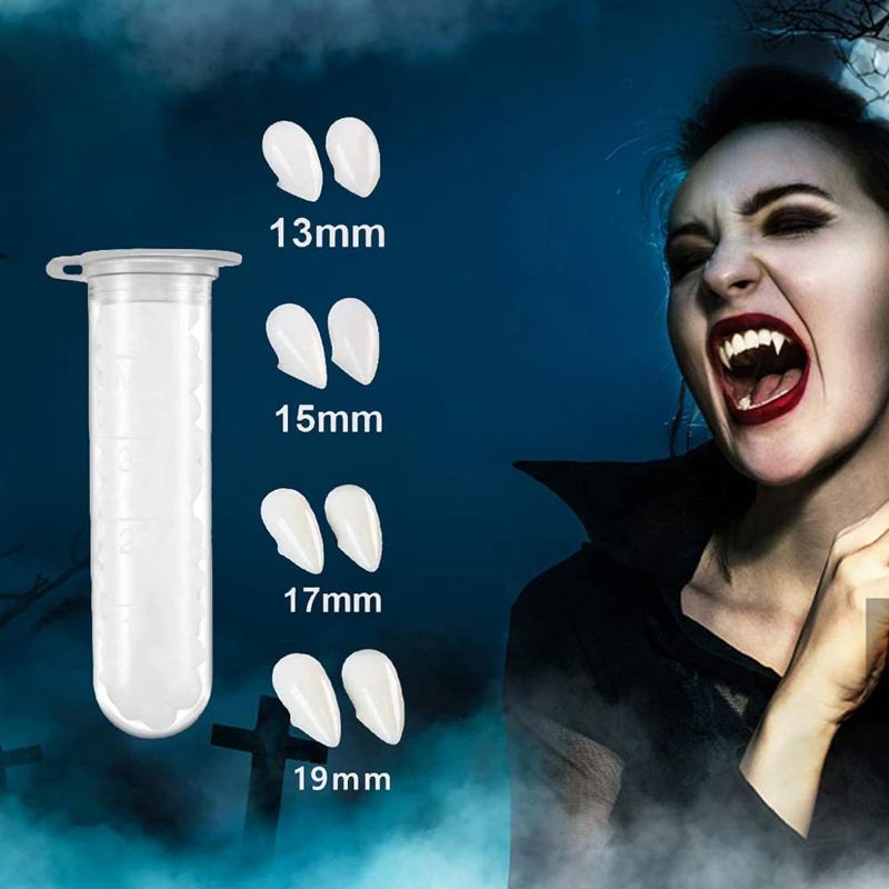 Photo 1 of 5 Pairs Halloween Vampire Teeth Fangs with Adhesive, Vampire Fangs for Adults Kids, Halloween Party Horror Cosplay Props, 4 Size(13mm, 15mm, 17mm, 19mm)