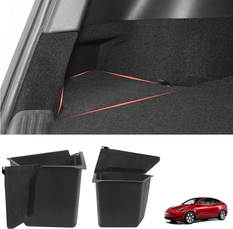 Photo 1 of BASENOR 2020-2021 Tesla Model Y Trunk Organizer Waterproof Rear Trunk Storage Bins Side Box with Carpeted Lip Interior Accessories Set of 2 for 5-Seater