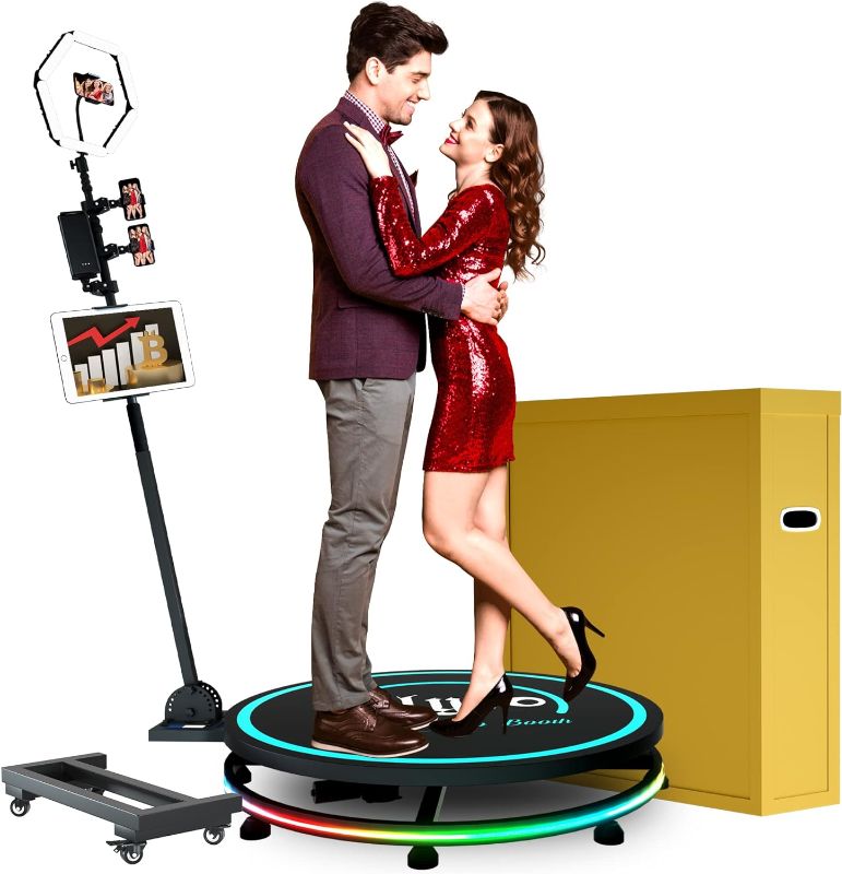 Photo 1 of OLYLO 360 Photo Booth Machine with Software for Parties with Ring Light,Trolley,Free Logo Customization,2-3 People Stand on APP Remote Control Automatic Slow Motion 360 Spin Camera Video Booth
