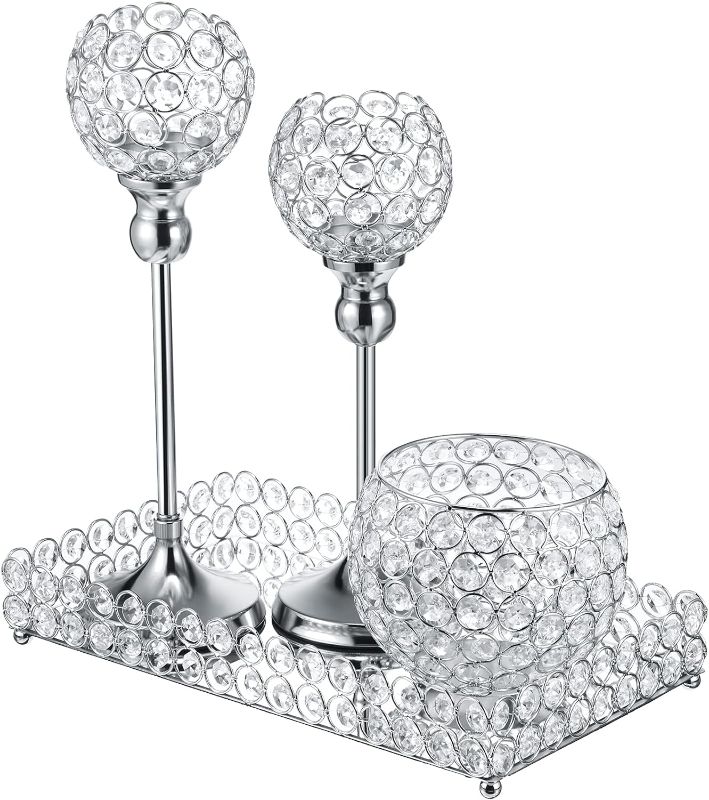 Photo 1 of 4 Packs Crystal Candle Holders Centerpieces Table Decorations, Crystal Tea Lights Candelabras, Centerpiece Table Mirror Tray, for Vase Decoration, Wedding...
