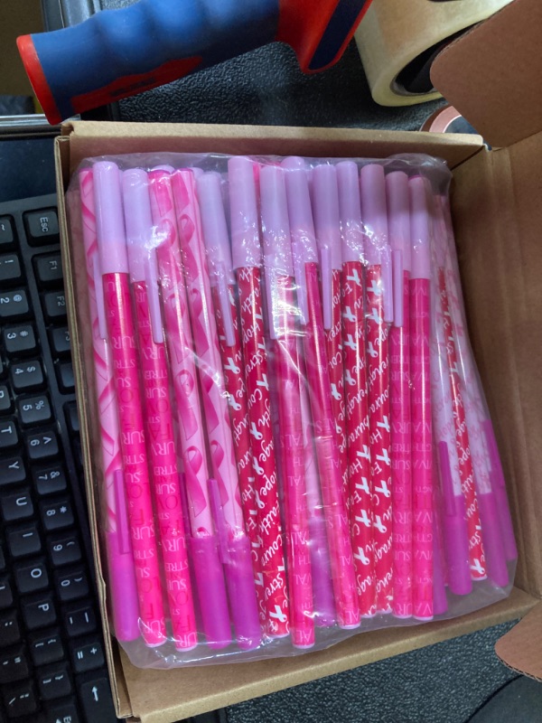 Photo 2 of 150 Pcs Pink Ribbon Retractable Pens Pink Retractable Gel Ballpoint Breast Cancer Awareness Pens with Rubber Grip Black Ink Office Supplies for Women Girls Gift
