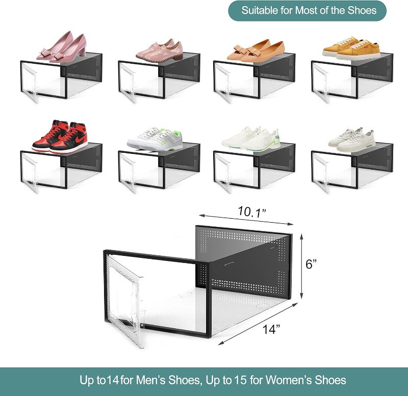 Photo 1 of Amassage X-Large 12 Pack Shoe Boxes Clear Plastic Stackable, Shoe Storage Boxes, Shoe Organizer for Closet, Space-Saving Shoe Containers Bins (Black)
