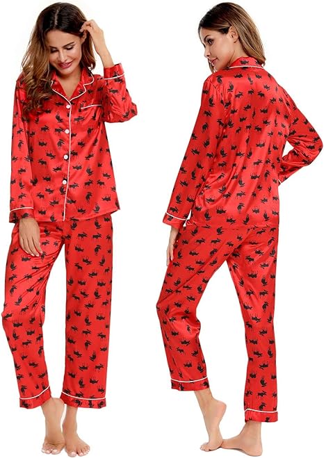 Photo 1 of SWOMOG Womens Silk Satin Pajamas Loungewear Two-piece Sleepwear Button-Down Pj Set
