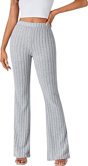 Photo 1 of LYANER Women's Ribbed Knit High Waist Wide Leg Solid Color Elastic Trousers Pants
