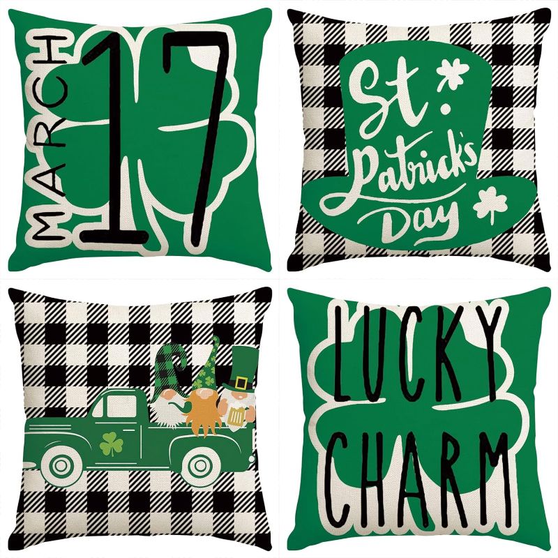 Photo 1 of 2pk St Patricks Day Decorations Throw Pillow Covers 18x18 Set of 4 Shamrock Lucky Irish Pillow Covers Spring Summer Cushion Case for Sofa Couch Bed
