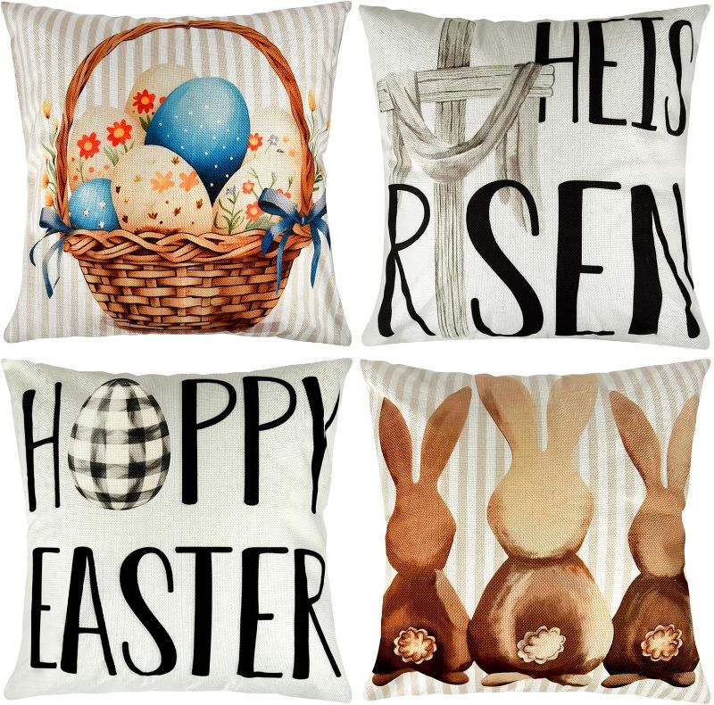 Photo 1 of 10packs COVFEVER Set of 4 Easter Pillow Covers 18x18 inches, Easter Decorations for Home He is Risen Pillows Bunny Easter Buffalo Plaid Eggs Decorative Throw...
