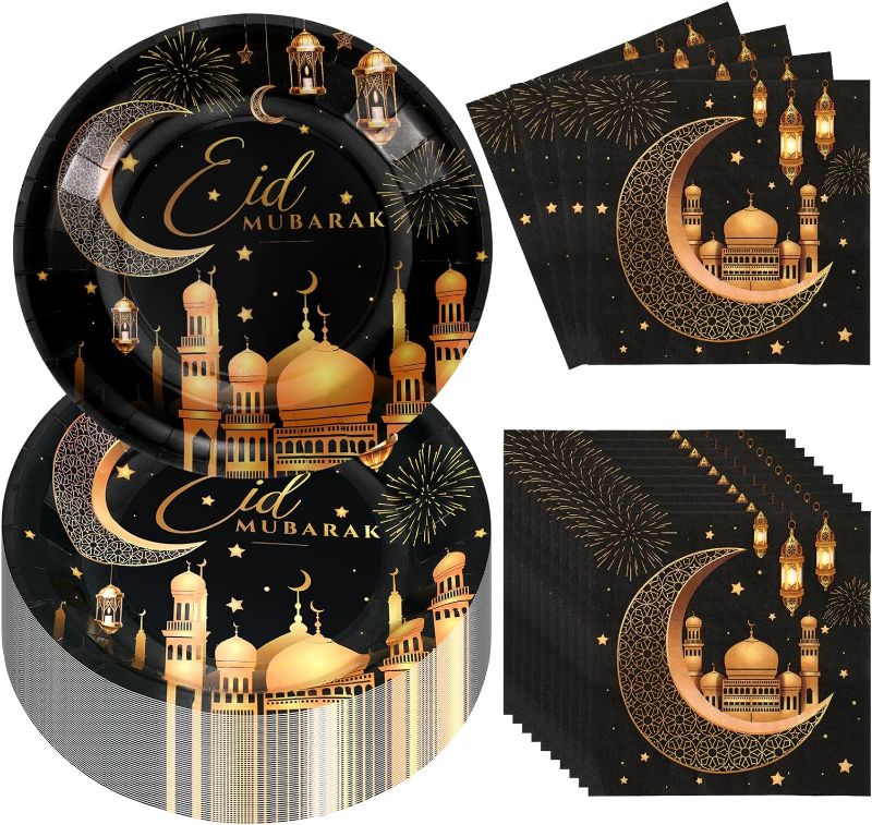 Photo 1 of 100 Pcs Ramadan Eid Mubarak Party Supplies Disposable Plates Napkins Set Eid Mubarak Tableware Dinner Lunch Dessert Appetizer for Baby Shower Birthday Wedding Eid Al-fitr Party Favors (Moon)
