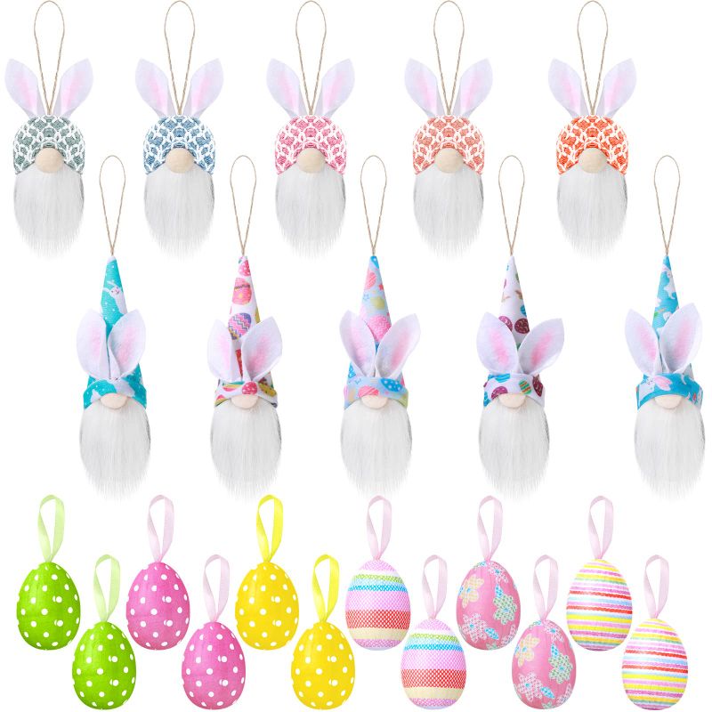 Photo 1 of 22 Pcs Easter Tree Ornaments Easter Hanging Bunny Ornaments Colorful Plush Bunny Gnomes and Paper Mache Egg Hanging Ornaments Set Mini Easter Egg Tree Ornaments for Party Home Decor Supply