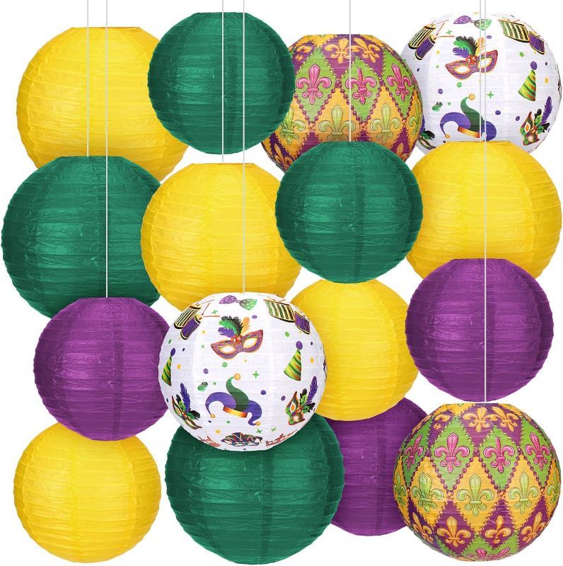 Photo 1 of 16 Pcs Mardi Gras Party Hanging Decorations Mardi Gras Paper Lanterns Carnival Masquerade Masks Crown Tall Hats Paper Lanterns Hanging Lanterns Decorative...
