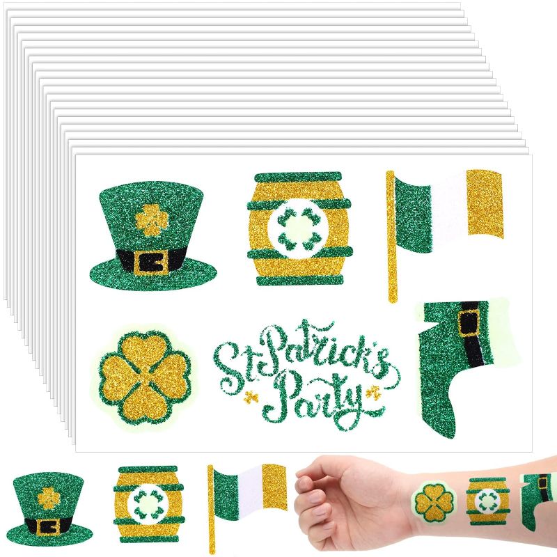 Photo 1 of 5packs 30 Sheets 180 Pcs Shamrock Tattoo Stickers St. Patrick's Day Tattoo Accessories Glitter Shamrock Stickers Irish Shamrock Decorations Temporary Shamrock Face Tattoos for St Patricks Day (Cute)
