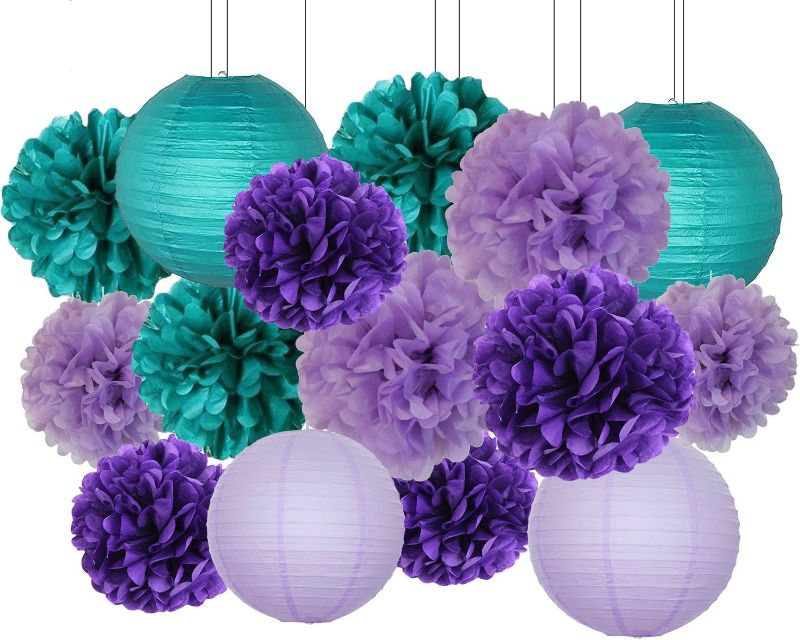 Photo 1 of Bencailor 16 Pcs Mermaid Paper Lanterns Mermaid Party Hanging Decorations Round Purple Teal Chinese Paper Lanterns Ceiling Decorations for Birthday Baby Shower Party Supplies Christmas Room Decor