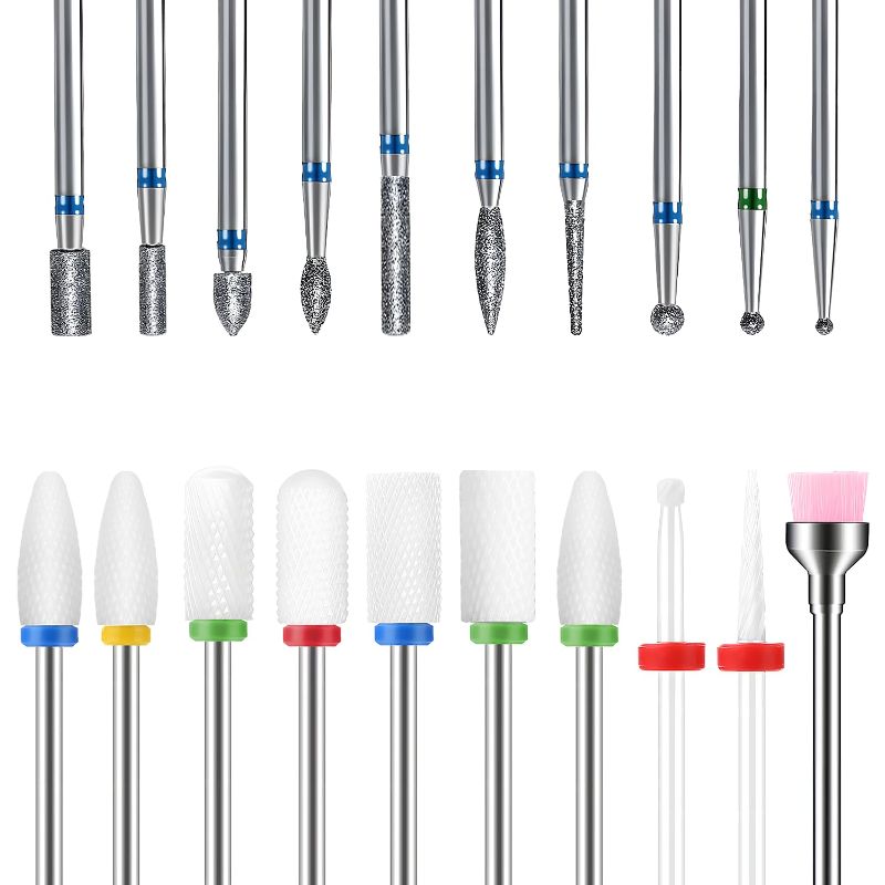 Photo 1 of 20pcs Nail Drill Bits Sets 3/32 Inch Diamond Cuticle Electric Nail File and Ceramic Acrylic Gel Nail Bit Kit Acrylic Nail Art Tools Carbide Cuticle Remover Bits for Manicure Pedicure Tool