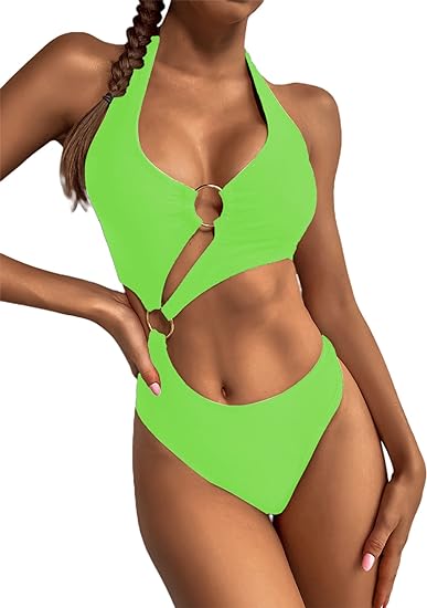 Photo 1 of Hilinker Women's O-Ring Cutout Halter One Piece Swimsuit High Cut Bathing Suit