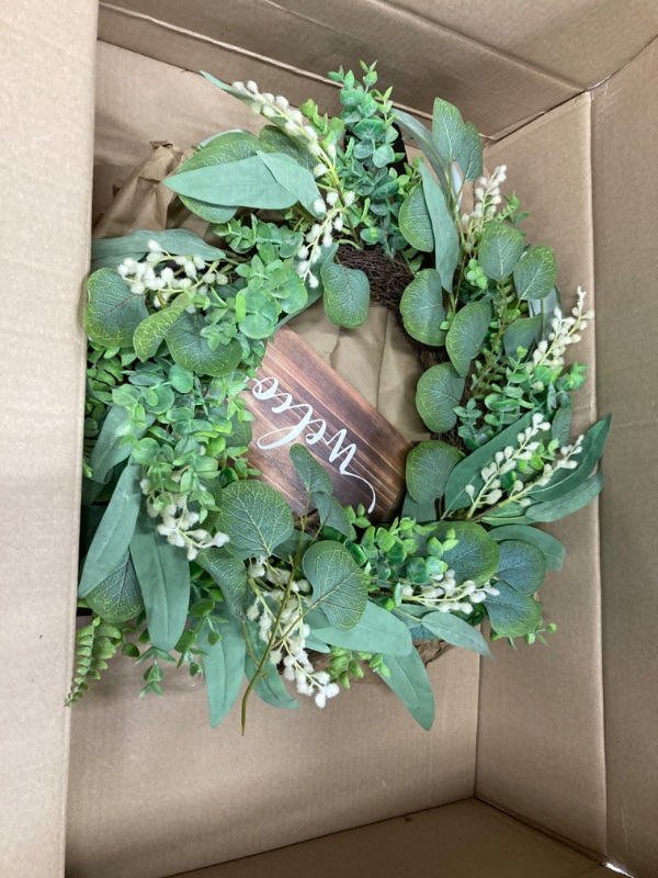 Photo 2 of 20 Inch Green Eucalyptus Wreath for Front Door- Handicraft Bamboo Frame with Versatile Silk Leaves - Ideal Spring and Summer Decorating for Indoor and Outdoor Use (White)