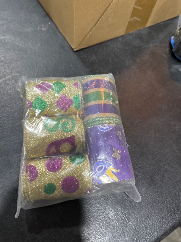 Photo 1 of 20 Yards Mardi Gras Wired Edge Ribbon Gold Green Purple Stripe Wired Edge Ribbon Harlequin Glitter Diamond Ribbon Glitter Metallic Wrapping Ribbon for Mardi Gras Masquerade Wedding Party Decoration