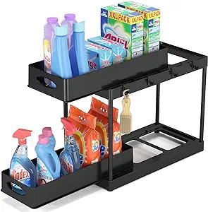 Photo 1 of 3 Pack Puricon Under Sink Organizer Pull Out Under Sink Storage, 2 Tier Multi-Purpose Sliding Under the Sink Organizer Bathroom Kitchen Sink Organizer Under Cabinet Shelf for Cleaning Supplies -Black 3 Black