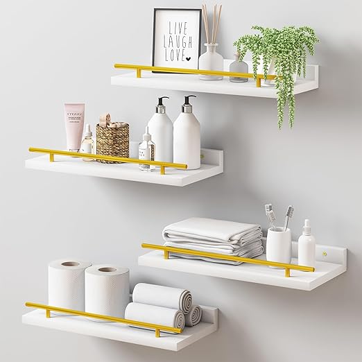 Photo 2 of Fixwal Floating Shelves, Bathroom Gold Decor, Set of 4, Rustic Farmhouse Wood Gold Room Decor for Bedroom, Gold Living Room Decor, Kitchen Wall Shelf, White
