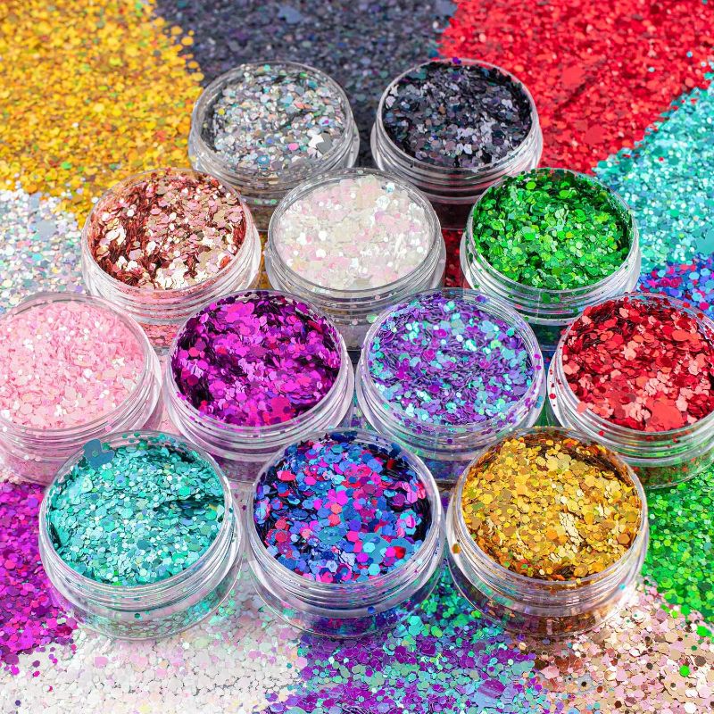 Photo 1 of 12 Colors of Holographic Chunky Glitter No Glue Attached, 12 Pots Total 120g Multi-Shaped for Body Hair Face Eyes Make-up, Nail Art and Bedazzling in Party/Concert/Events Glitter
