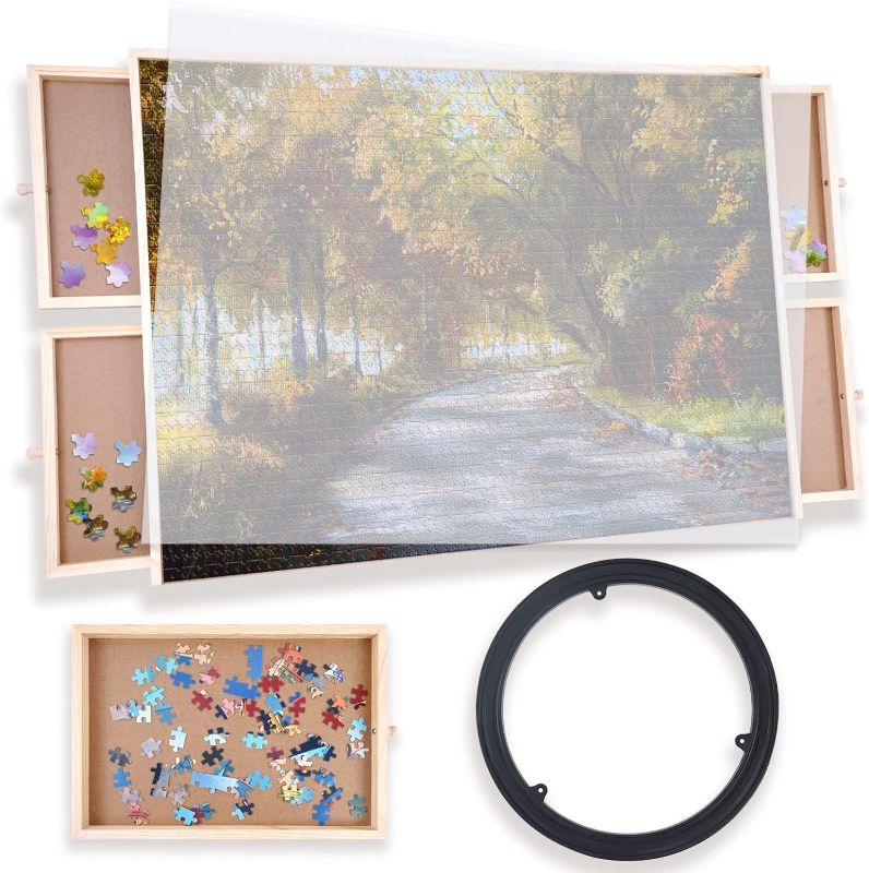 Photo 1 of 1000 Piece Wooden Jigsaw Puzzle Board - 4 Drawers, Rotating Puzzle Table | 30” X 22” Jigsaw Puzzle Table | Puzzle Cover Included - Portable Puzzle Tables for Adults and Kids by Beyond Innoventions