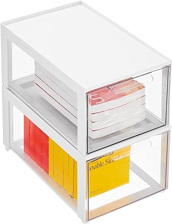 Photo 1 of mDesign Plastic Stackable Cosmetic Storage Organizer Bin with Pull Out Drawer for Cabinet, Vanity, Shelf, Cupboard, or Cabinet Organization - Lumiere Collection - 2 Pack - White/Clear