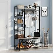 Photo 1 of Hall Tree with Bench and Shoe Storage, Grey Entryway Bench with Coat Rack, Wooden Metal Coat Tree with Hooks, 5 In 1 Multifunctional Shoe Bench and Wall Rack (Dark Gray Oak)