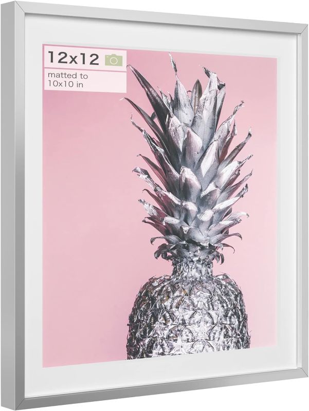 Photo 1 of 12x12 Frames Silver, Premium Metal 12 x12 Picture Square Frame with Mat for 10x10 Photo, Picture Frames 12x12 with Mat for 10 x 10 Photo, Tempered Glass, Wall Hook Included, Set of 1