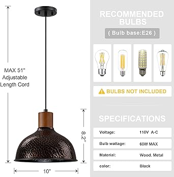 Photo 2 of 1 Light 10” Vintage Pendant Light Fixtures,Industrial Hammer Metal Hanging Light Rubber Wood Oil Rubbed Bronze Finish Pendant Lamp Kitchen Island,Farmhouse Dining Room Over Sink