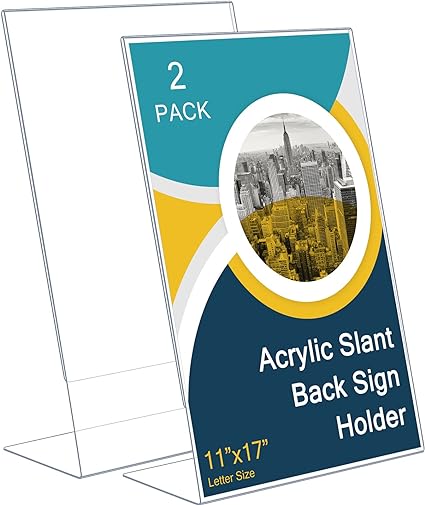 Photo 2 of 2 Pcs Acrylic Sign Holder Acrylic Slant Back Sign Holder Display Stand Transparent Flyer Holder Plastic Document Display for Workers Teachers Office School Home Menu Desktop Supplies (11 x 17 Inch)