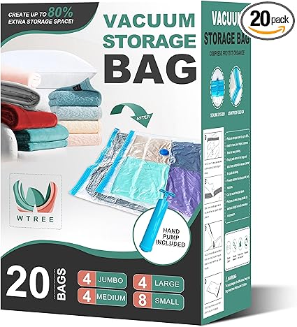 Photo 1 of  20 Pack Vacuum Storage Bags, Space Saver Bags, Vacuum Sealed Bags for Comforters, Blankets, Clothes Storage, Hand Pump Included (4 Jumbo/4 Large/4 Medium/8 Small)