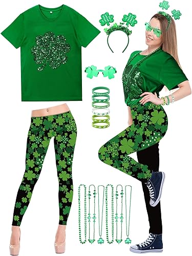 Photo 1 of 16 Pcs St Patricks Day Women Costume Shiny Lucky Shamrock T shirts Irish Leggings Funny Costume Accessories Set