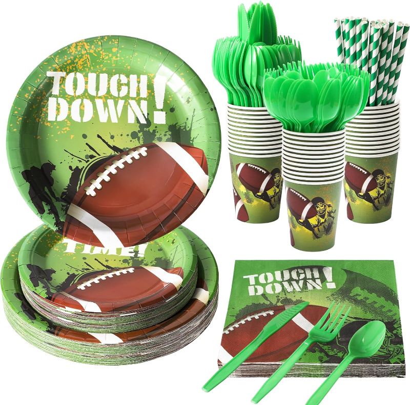 Photo 1 of 192 Pcs Football Party Supplies Football Paper Plates Disposable Football Dessert Plates Football Dinnerware for Sports Birthday Party Favors